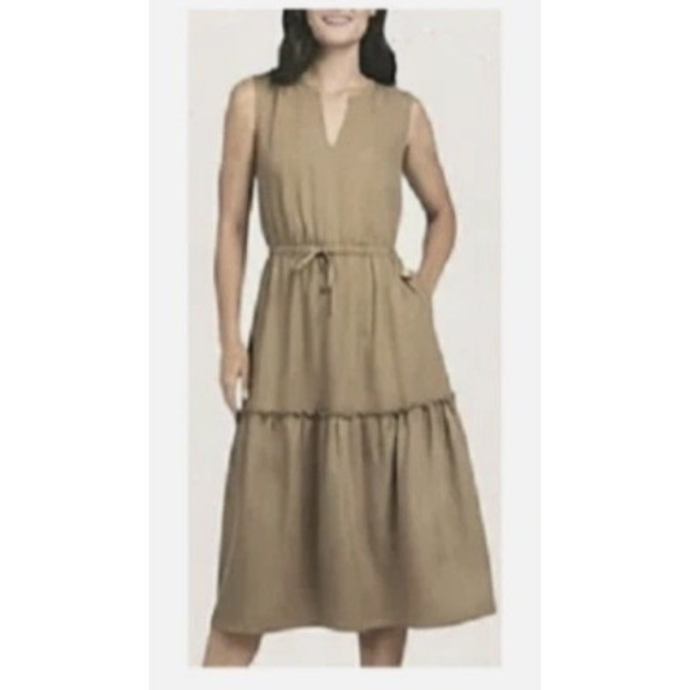 LANDS' END Sleeveless Tiered Midi Dress Size L Tan Khaki Beige Elastic Waist NWT